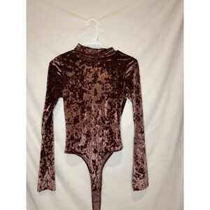 Bozzolo Crushed Velvet Mock Neck Bodysuit Medium Mauve Brown Long Sleeve